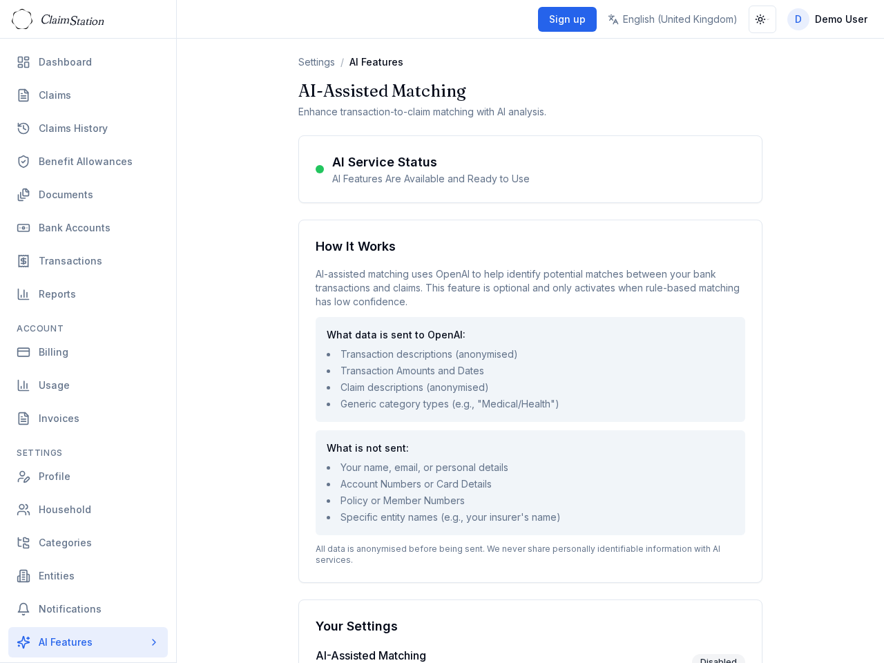 ClaimStation AI features settings
